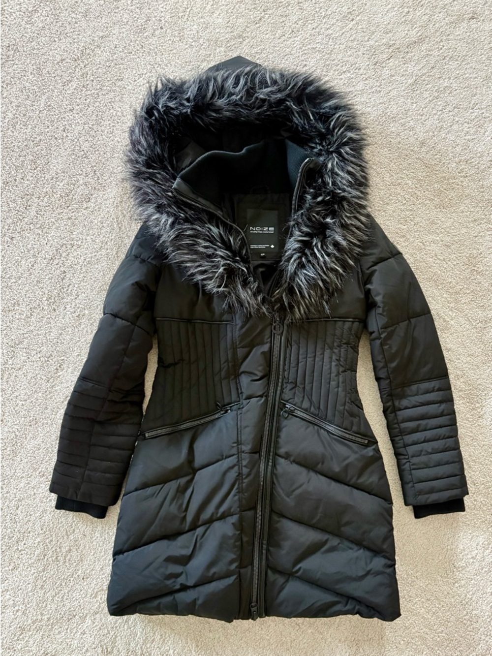 Noize Black Hooded Long Puffer Coat with Faux Fur Trim